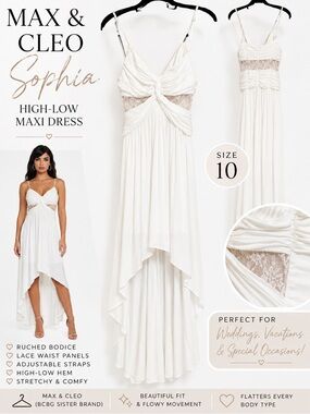 Max & Cleo Sophia White High-Low Maxi Dress Lace Ruched Wedding Guest Size 10
